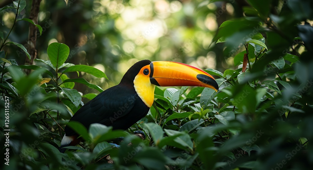 Fototapeta premium A toucan with a large colorful beak sitting among lush green leaves.