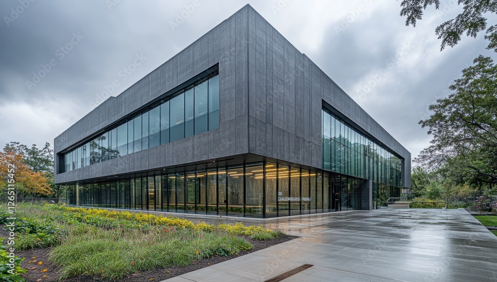 Modern grey building with large windows, landscaping, and wet pavement. Modern grey building with large windows, landscaping, and wet pavement.