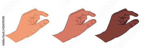 Hand showing size between fingers, little bit. Gesture showing measuring in sign language. Outline drawing of hands with different skin colors. Vector Illustration isolated on transparent background.