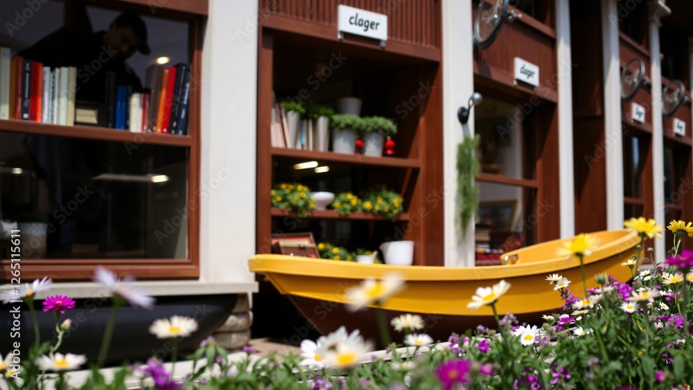 Yellow Rowboat in a Flower Bed Outside a Bookstore Yellow Rowboat in a Flower Bed Outside a Bookstore