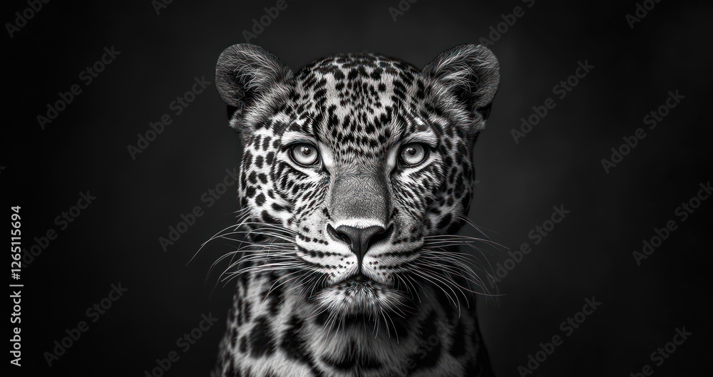 Obraz premium Studio black and white leopard portrait, dark background, wildlife photography