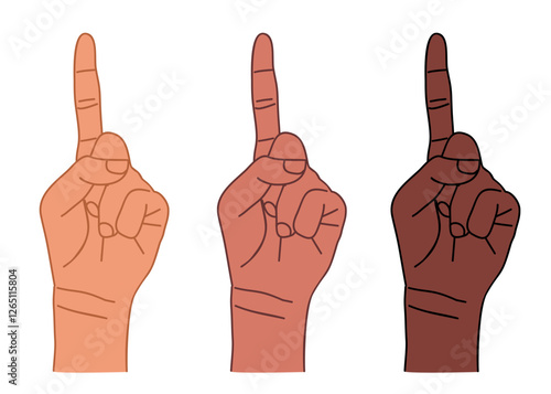 Number One Hand Finger Pointing Up. Outline drawing of hands with different skin colors. Vector Illustration isolated on transparent background.