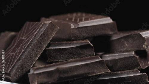 broken chocolate bar chips, parts or pieces pile.