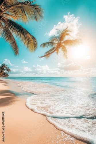 Idyllic tropical beach scene at sunset with palm trees, soft sand, and gentle waves.