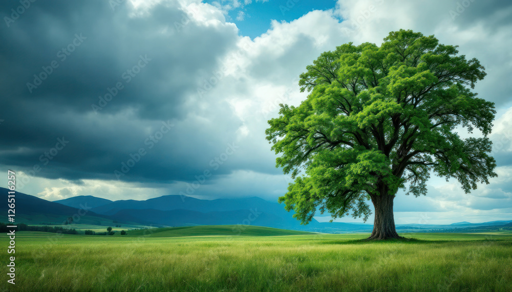 Majestic Solitude: A Lone Tree in a Verdant Meadow Under a Dramatic Sky Majestic Solitude: A Lone Tree in a Verdant Meadow Under a Dramatic Sky
