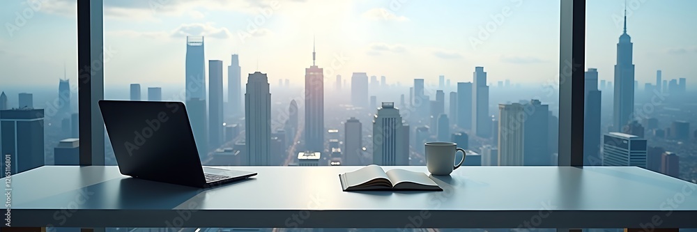 Modern Office with City Skyline View ,Sleek Workspace & Business Atmosphere