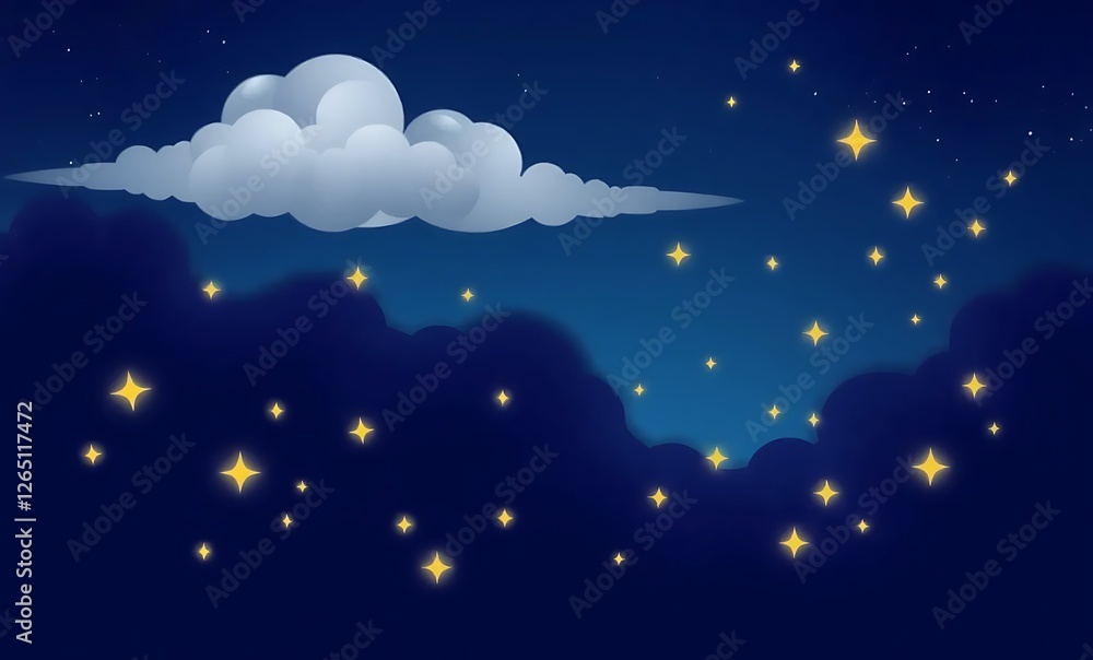 Naklejka premium A deep navy-blue background with white fluffy clouds and golden stars, evoking a peaceful nighttime dreamscape in a soft vector illustration