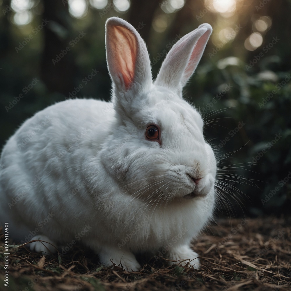A white rabbit with a serene expression, its head slightly tilted. A white rabbit with a serene expression, its head slightly tilted.