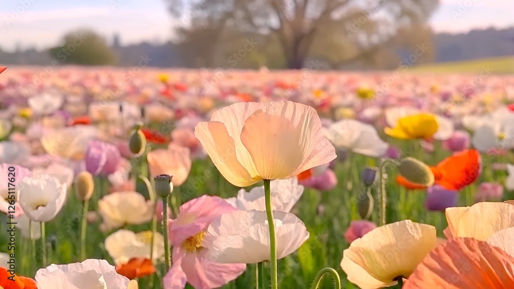 Obraz premium Flower backgrounds. A stunning field of multicolored poppies bathed in soft golden sunlight. A peaceful and picturesque springtime landscape.