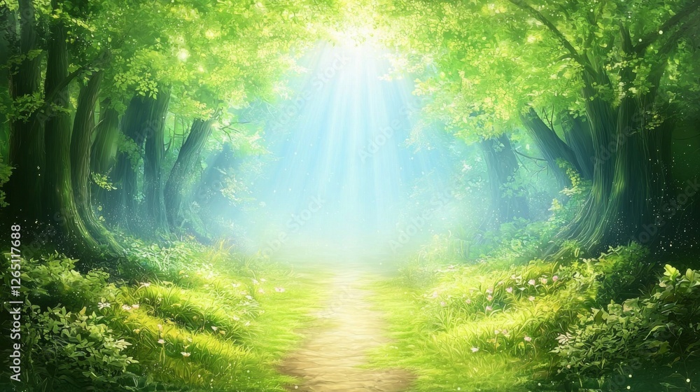 Obraz premium Serene Pathway Through Lush Green Forest with Sunlight Filtering Through Canopy and Illuminating Soft Ground