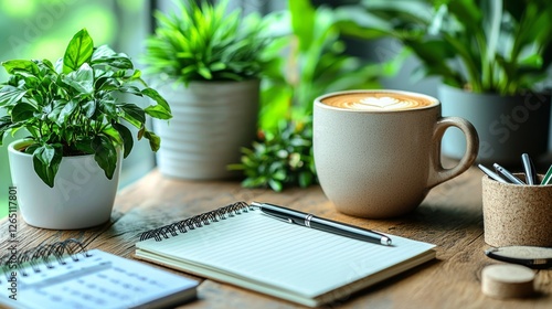 A motivational quote on a notebook with a pen, surrounded by inspirational objects like a cup of coffee, plants, and a calendar, symbolizing productivity and positive thinking, in calm, neutral tones