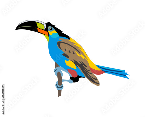 Toucan Exotic colorful bird realistic vector illustration Isolated On transparent Background. Black-feathered tucan with large yellow beak. Tropical bird sitting on tree branch. Exotic animal