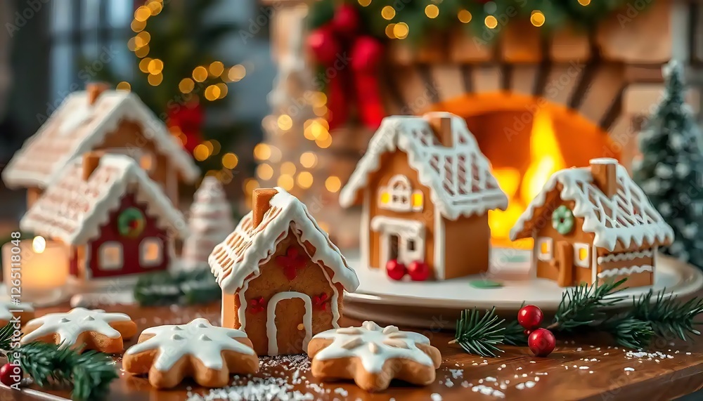 Intricate gingerbread houses are arranged artfully creating a festive scene Intricate gingerbread houses are arranged artfully creating a festive scene