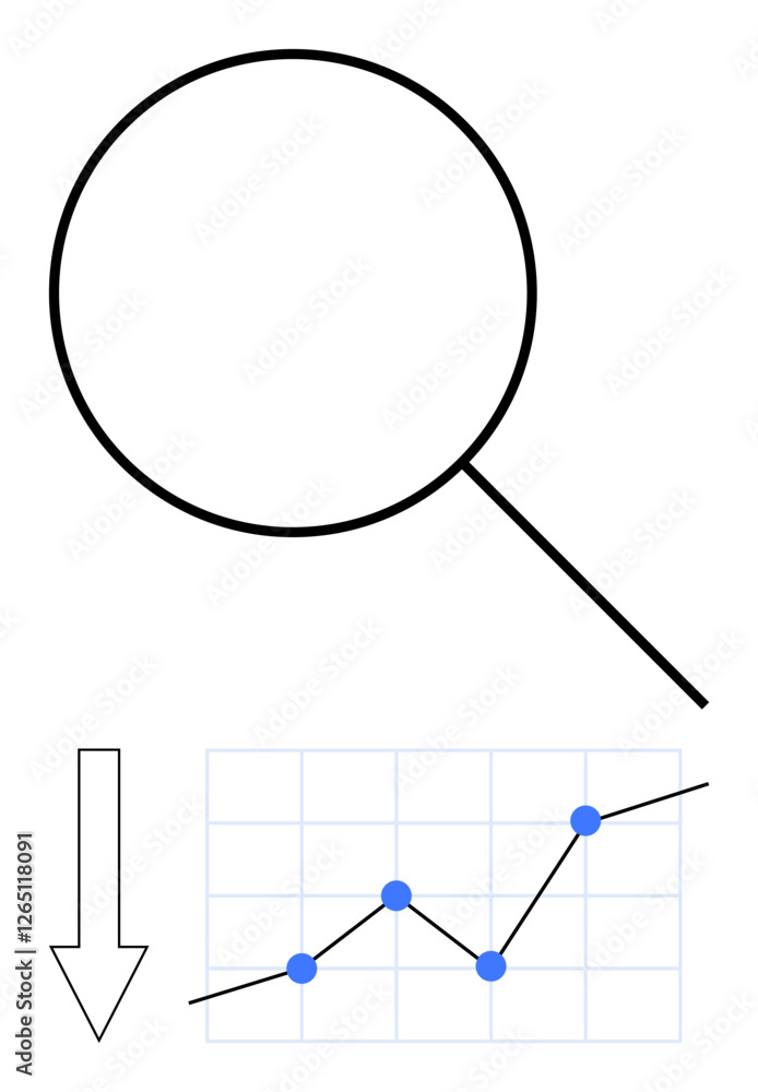 Magnifying glass over line graph with blue data points. Arrow pointing downward. Ideal for analytics, trends, growth, research, decision-making, finance, education abstract line flat metaphor Magnifying glass over line graph with blue data points. Arrow pointing downward. Ideal for analytics, trends, growth, research, decision-making, finance, education abstract line flat metaphor