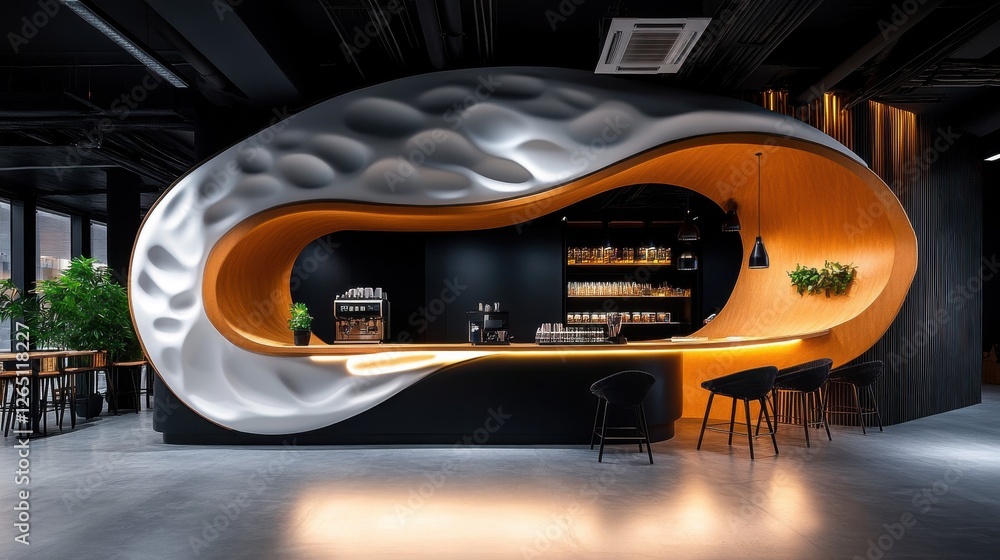 Fototapeta premium Modern coffee shop interior design with unique curved bar counter and elegant lighting in urban setting