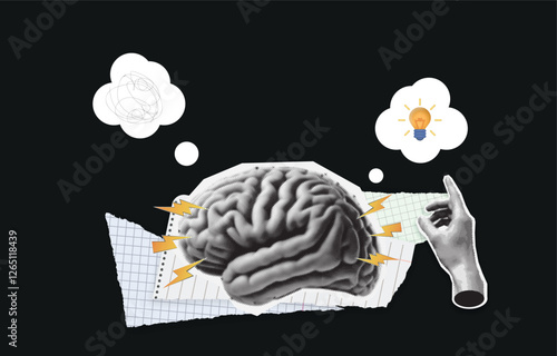 Creative mind or brainstorm or creative idea concept with abstract Human brain idea light bulb. light bulb and brain Trendy Halftone Collage