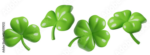 Three and four leaved 3d clovers collection. Green shamrock render - Saint Patrick's Day decoration and symbol of luck. Vector illustrations set isolated on white background.