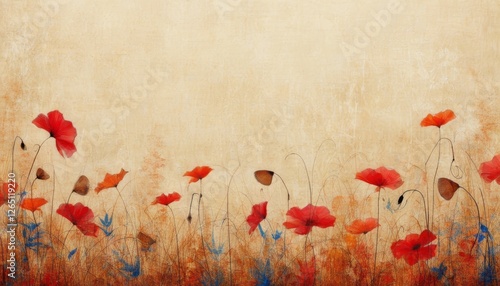 Ein stilvolles Aquarell mit roten Mohnblumen auf beigem Hintergrund. Perfekter Textfreiraum für Designs. Generative KI.