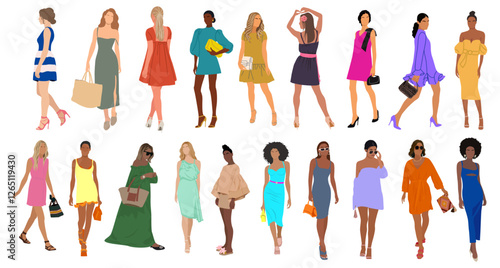 Collection of stylish young women wearing modern dress. Diverse multiracial girls in casual, street fashion outfits. Summer, spring fashionable look. Flat colorful vector illustrations isolated.