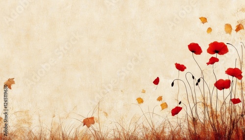 Ein stilvolles Aquarell mit roten Mohnblumen auf beigem Hintergrund. Perfekter Textfreiraum für Designs. Generative KI.