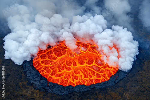 Volcanic smoke blends with clouds, fiery lava streams from crater, creating surreal scene photo