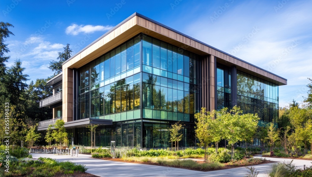 Fototapeta premium Modern glass and wood office building on a sunny day.