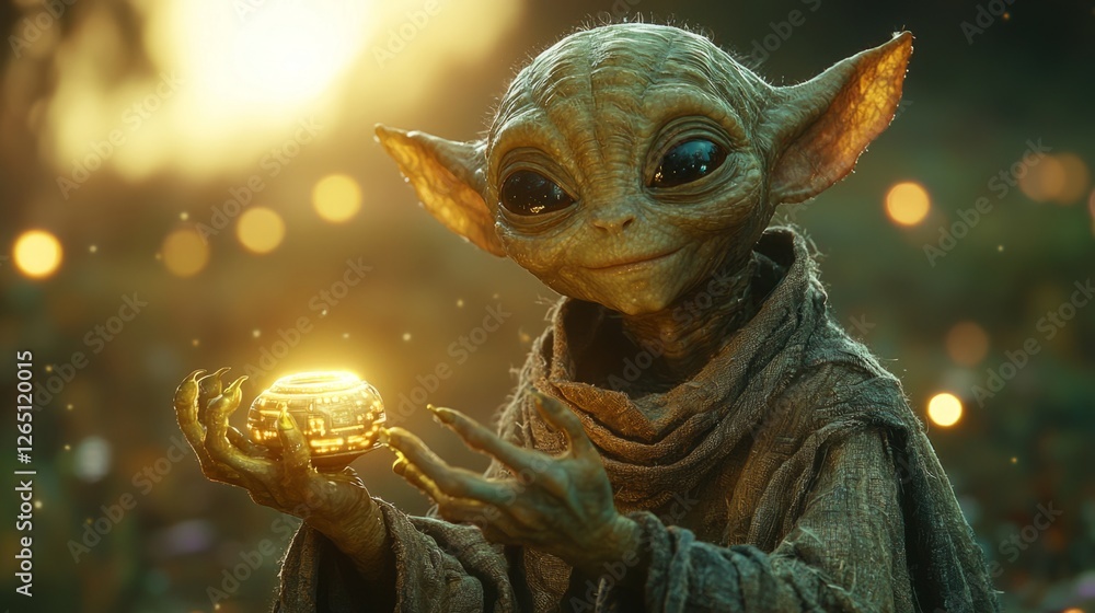Fototapeta premium A peaceful alien with a gentle smile, reaching out to touch a strange, glowing artifact, surrounded by a calm, glowing sky