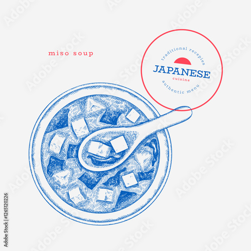 Japanese Cuisine Illustration. Miso Soup Hand Drawn Vector Illustrations. Retro Asian Food Isolated Image.