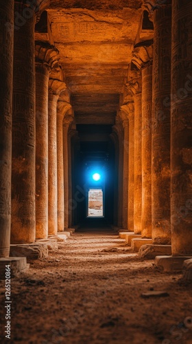 Exploring the ancient corridor with illuminated entrance revealing historical wonders