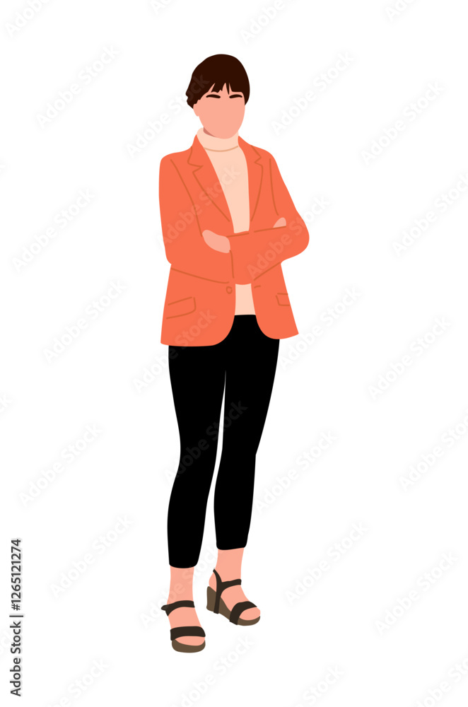 Businesswoman standing in smart casual office outfit. Pretty girl wearing modern business clothes. Vector illustration isolated on transparent background. Businesswoman standing in smart casual office outfit. Pretty girl wearing modern business clothes. Vector illustration isolated on transparent background.