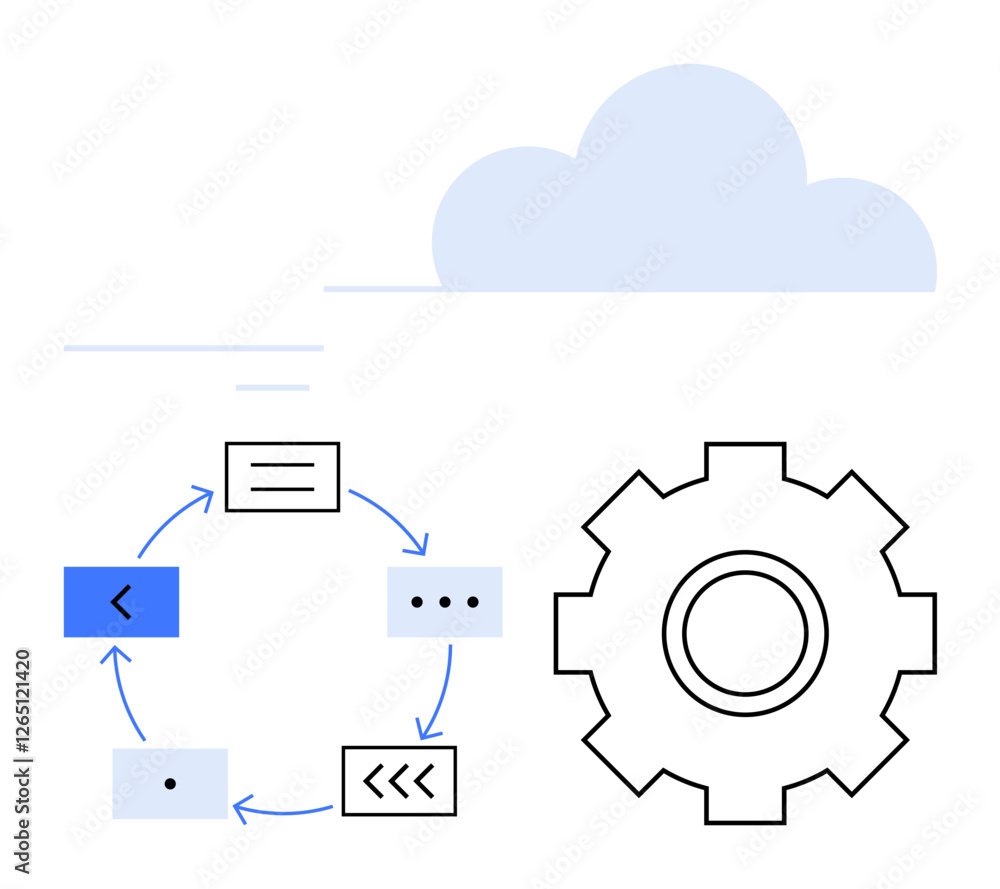 Workflow cycle with arrows, steps, and icons next to gear under a cloud. Ideal for process optimization, automation, data flow, cloud solutions, business strategy, planning abstract line flat Workflow cycle with arrows, steps, and icons next to gear under a cloud. Ideal for process optimization, automation, data flow, cloud solutions, business strategy, planning abstract line flat