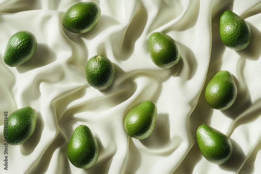 Top view of ten whole avocados arranged on crumpled white silk fabric. Top view of ten whole avocados arranged on crumpled white silk fabric.