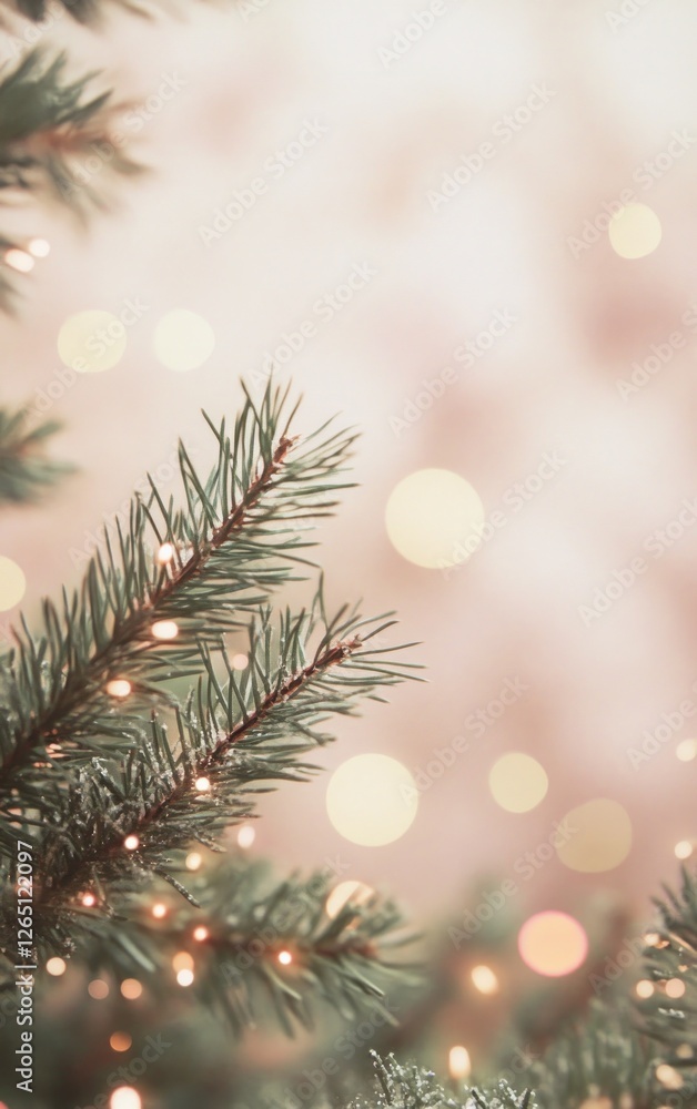 Close-up of a decorated pine branch with warm, soft bokeh lights in the background. Close-up of a decorated pine branch with warm, soft bokeh lights in the background.