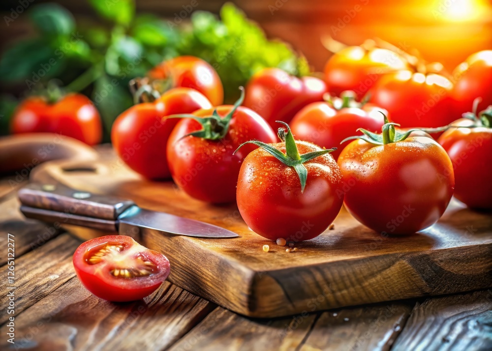 Rustic Summer Kitchen Scene: Chopping Tomatoes on Wooden Board Rustic Summer Kitchen Scene: Chopping Tomatoes on Wooden Board