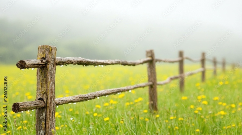 Tranquil countryside scene with a rustic wooden fence surrounded by vibrant dandelions field under a foggy atmosphere Perfect for nature and landscape themes Tranquil countryside scene with a rustic wooden fence surrounded by vibrant dandelions field under a foggy atmosphere Perfect for nature and landscape themes
