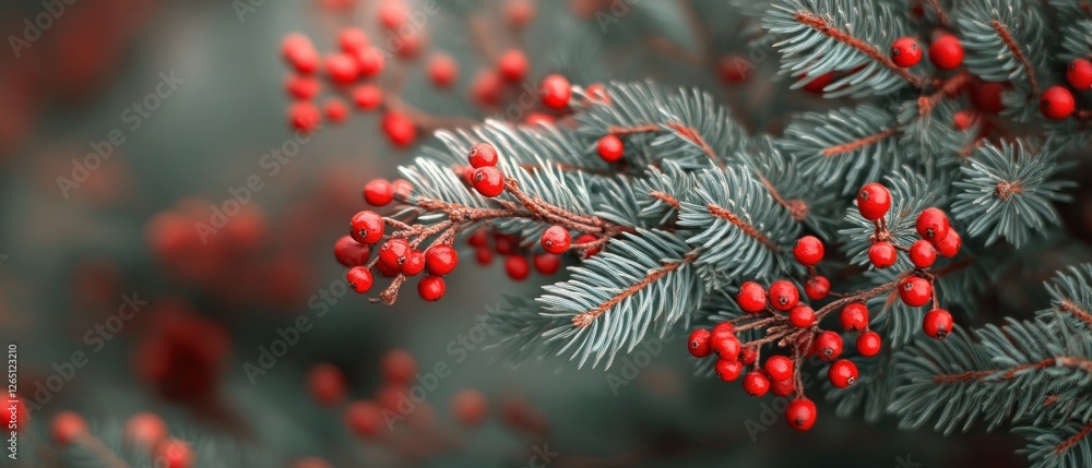 Close-up of red berries on evergreen branches. Close-up of red berries on evergreen branches.