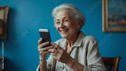 Smiling elderly woman using smartphone, blue background