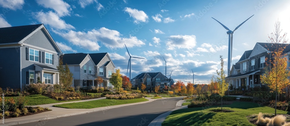 Suburban homes with wind turbines on a sunny autumn day. Suburban homes with wind turbines on a sunny autumn day.