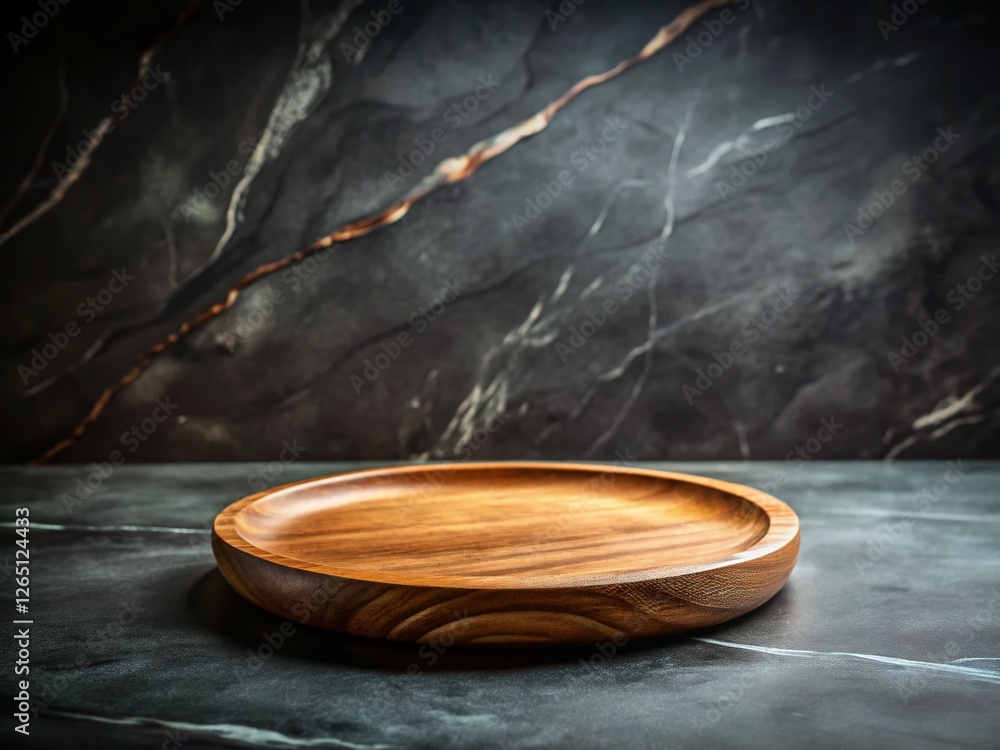 Rustic Wooden Plate on Dark Marble Table - Minimalist Food Photography Stock Photo Rustic Wooden Plate on Dark Marble Table - Minimalist Food Photography Stock Photo