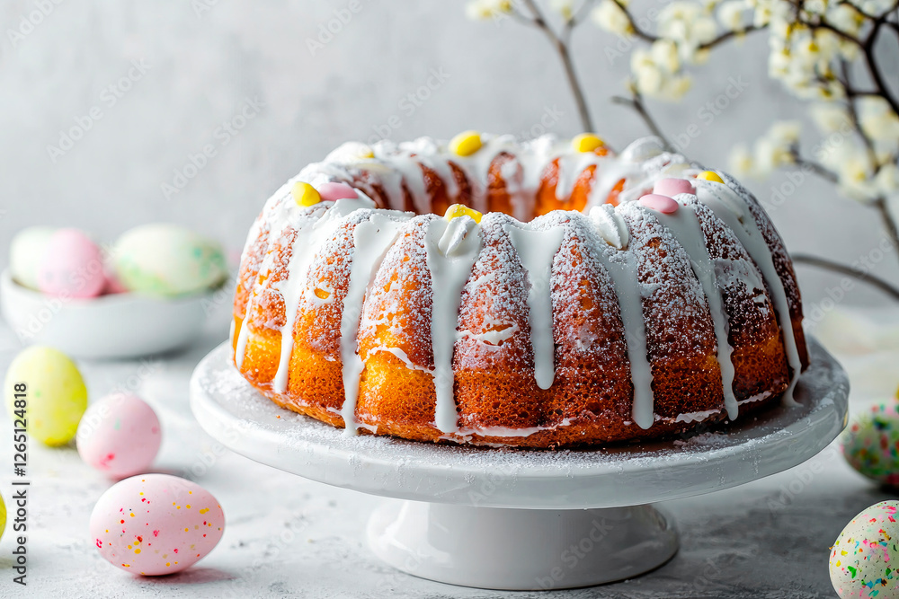 Fotografie Easter cake with icing sugar decorated with easter egg on white marble backgroun