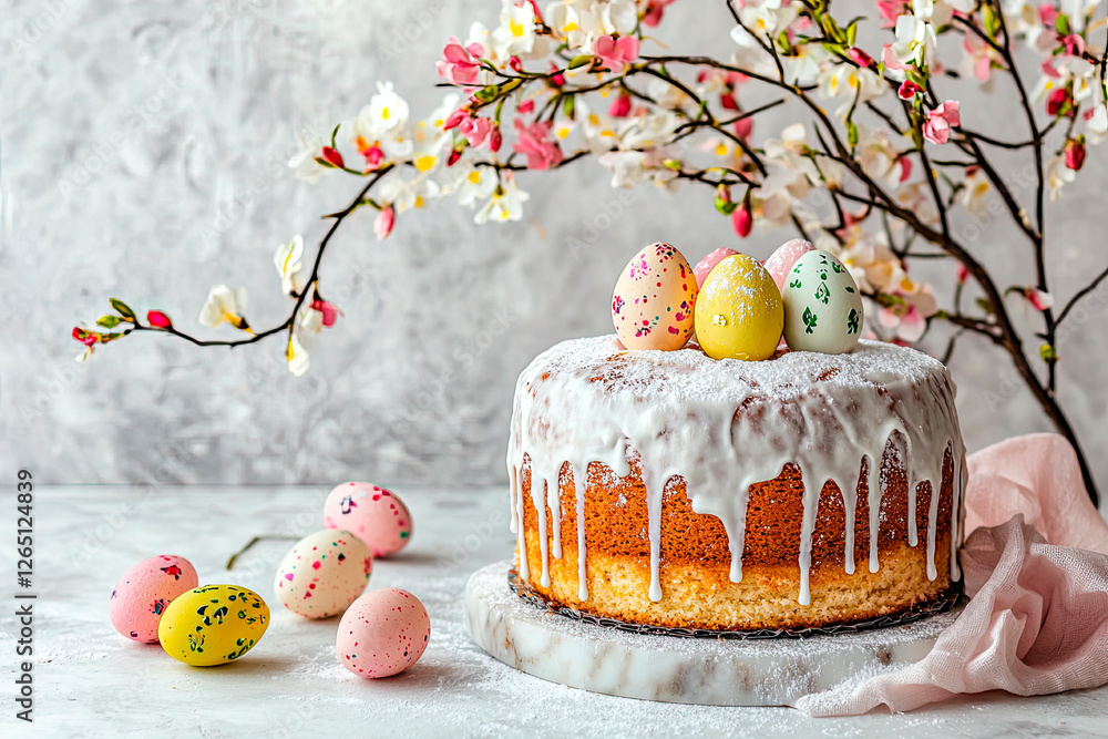 Fotografie Easter cake with icing sugar decorated with easter egg on white marble backgroun
