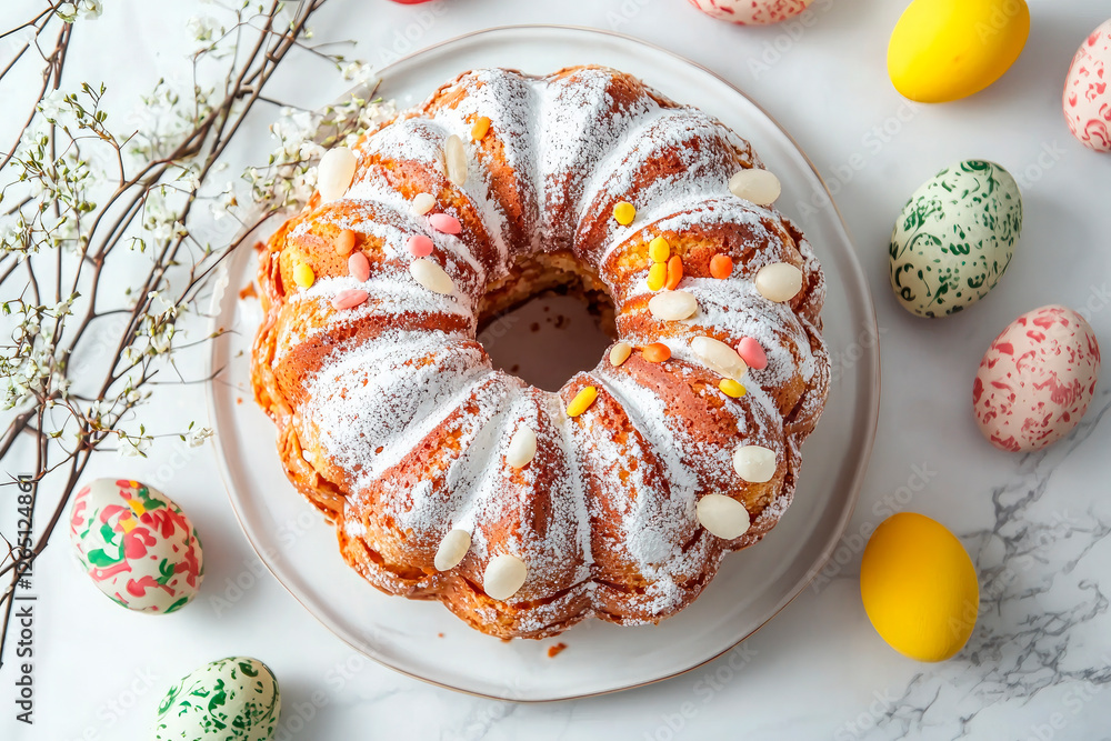 Fotografie Easter cake with icing sugar decorated with easter egg on white marble backgroun