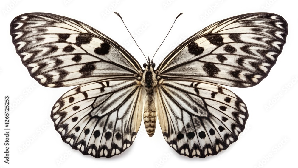 Fototapeta premium Striking panoramic monochrome captures an isolated Apollo butterfly, showcasing its exotic beauty.