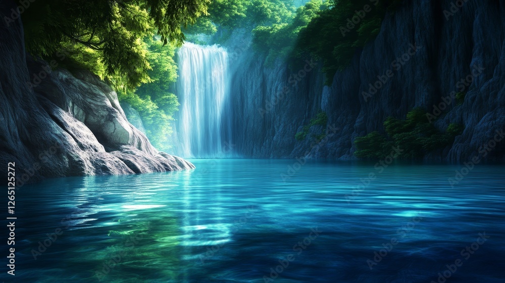 Fototapeta premium Serene waterfall cascading into a crystal-clear lake surrounded by lush greenery and cliffs
