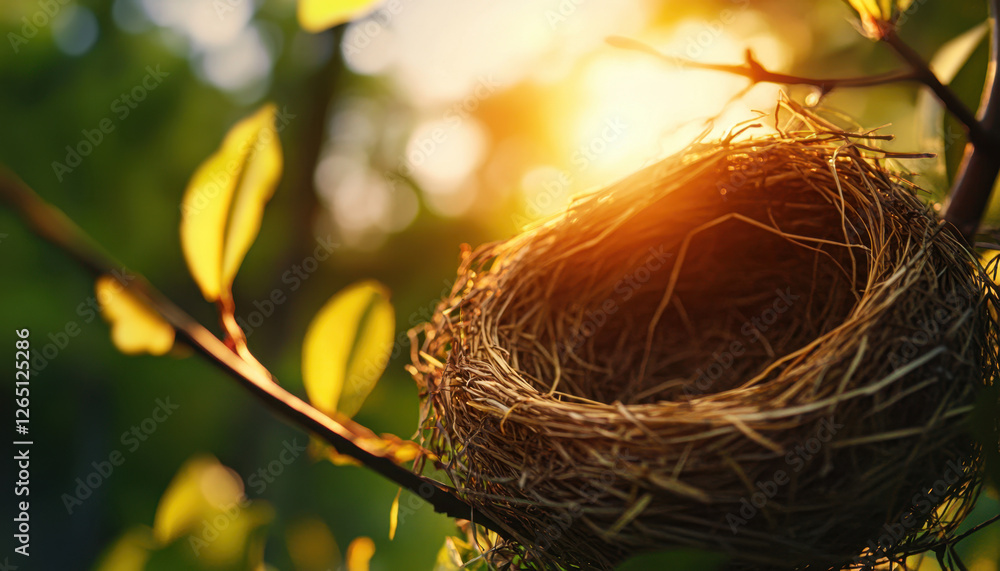 Empty straw bird's nest hanging on a branch in sunny spring weather, space for text. The concept of the beginning of spring. Empty straw bird's nest hanging on a branch in sunny spring weather, space for text. The concept of the beginning of spring.
