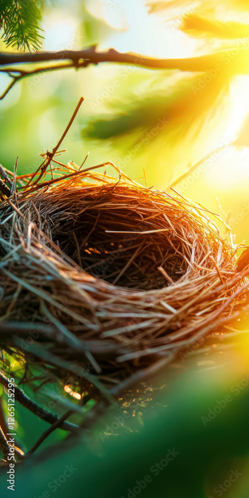 Empty straw bird's nest hanging on a branch in sunny spring weather, space for text. The concept of the beginning of spring. Empty straw bird's nest hanging on a branch in sunny spring weather, space for text. The concept of the beginning of spring.