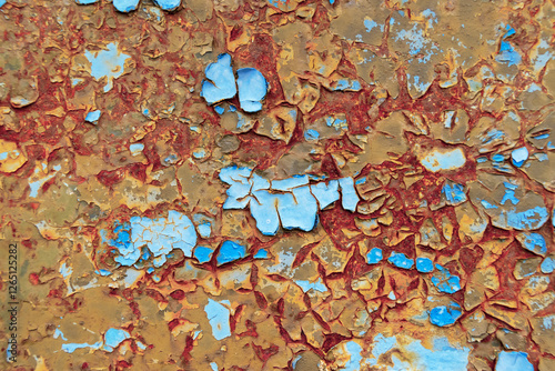 Rusty metal with flaking blue and yellow paint.