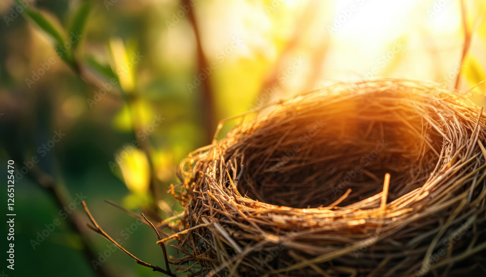 Empty straw bird's nest hanging on a branch in sunny spring weather, space for text. The concept of the beginning of spring. Empty straw bird's nest hanging on a branch in sunny spring weather, space for text. The concept of the beginning of spring.