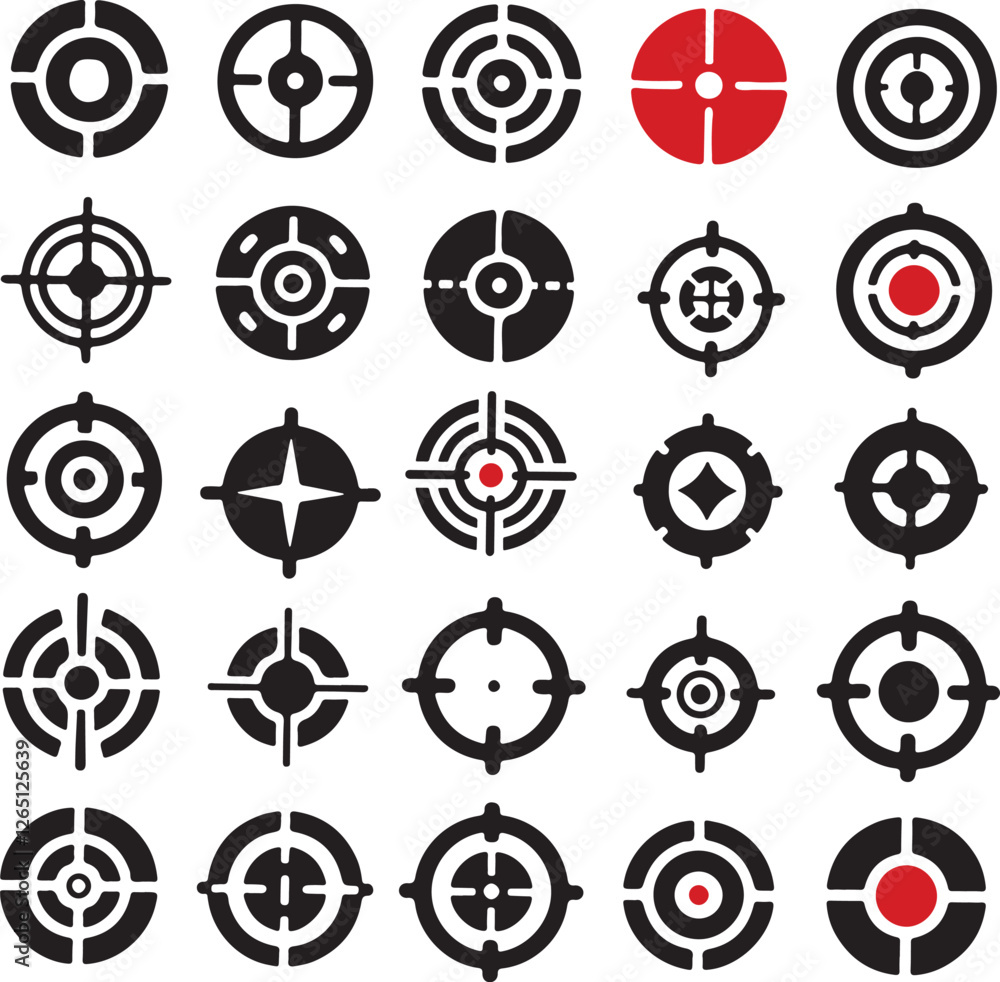 Target destination icon set. Aim sniper shoot group. Focus cursor bull eye mark collection..eps Target destination icon set. Aim sniper shoot group. Focus cursor bull eye mark collection..eps