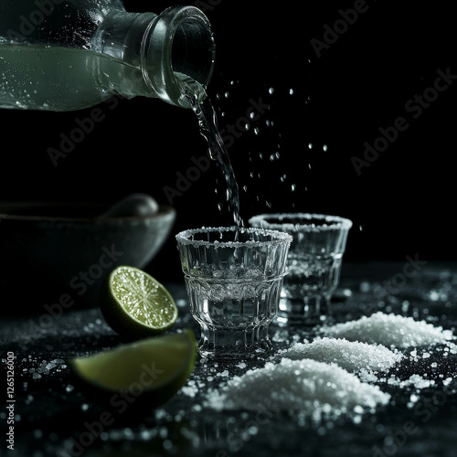 A bottle of tequila being poured into shot glasses with lime and salt, dark background, close-up, food photography